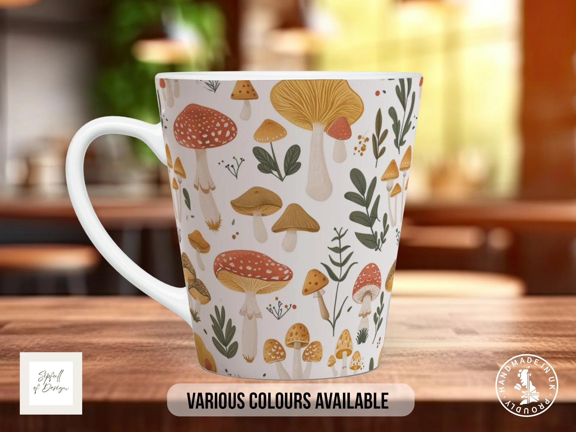 Mushroom Garden Full Wrap Mug – Design 9 | Earthy Olive & Terracotta | Nature Art Mug 12oz Latte