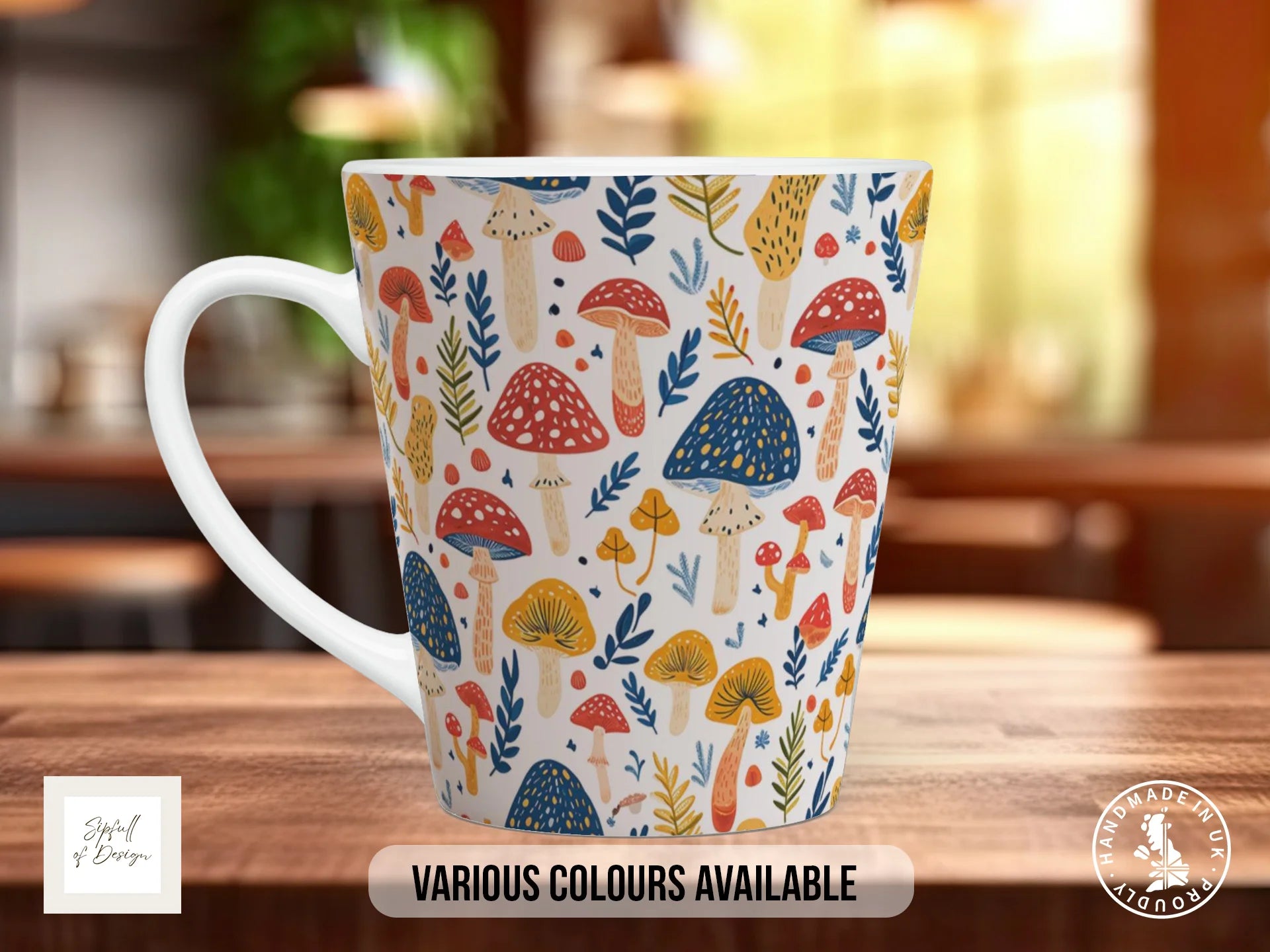 Mushroom Garden Full Wrap Mug – Design 14 | Red & Cobalt Mushroom Fiesta | Nature Art Mug 12oz Latte
