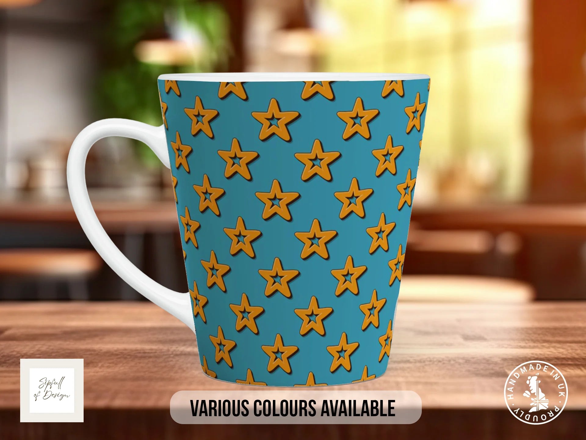 Stars Full Wrap Mug – Design 7 | Golden Retro Stars on Sky Blue | Art Mug 12oz Latte