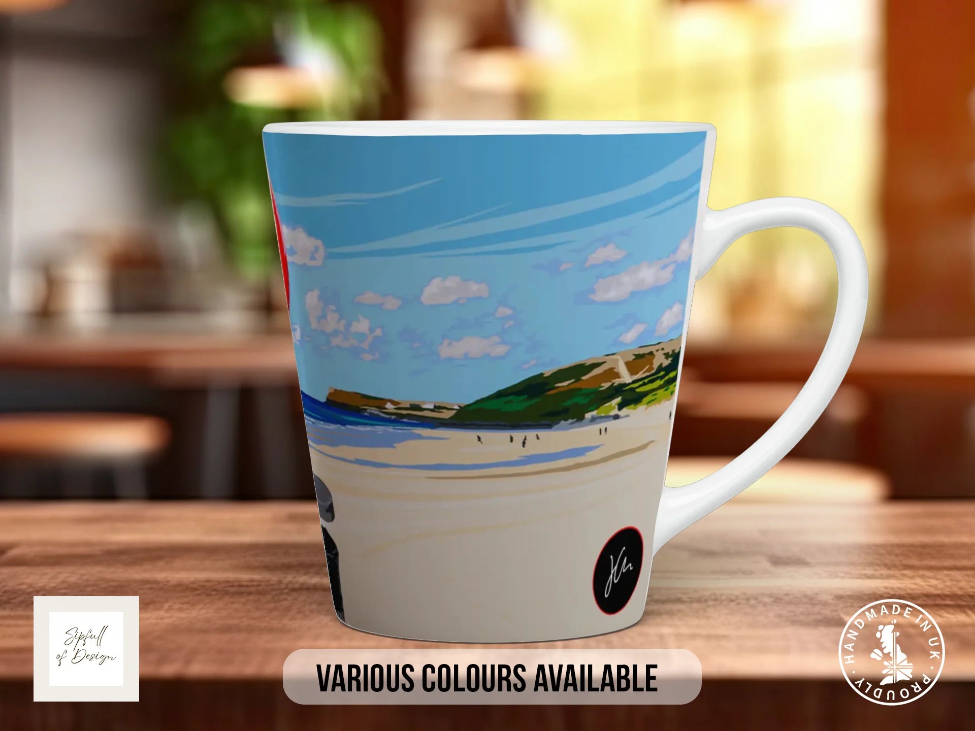 Padstow Beach Mug | Joel Clark Signature Art | British Seaside Series 12oz Latte