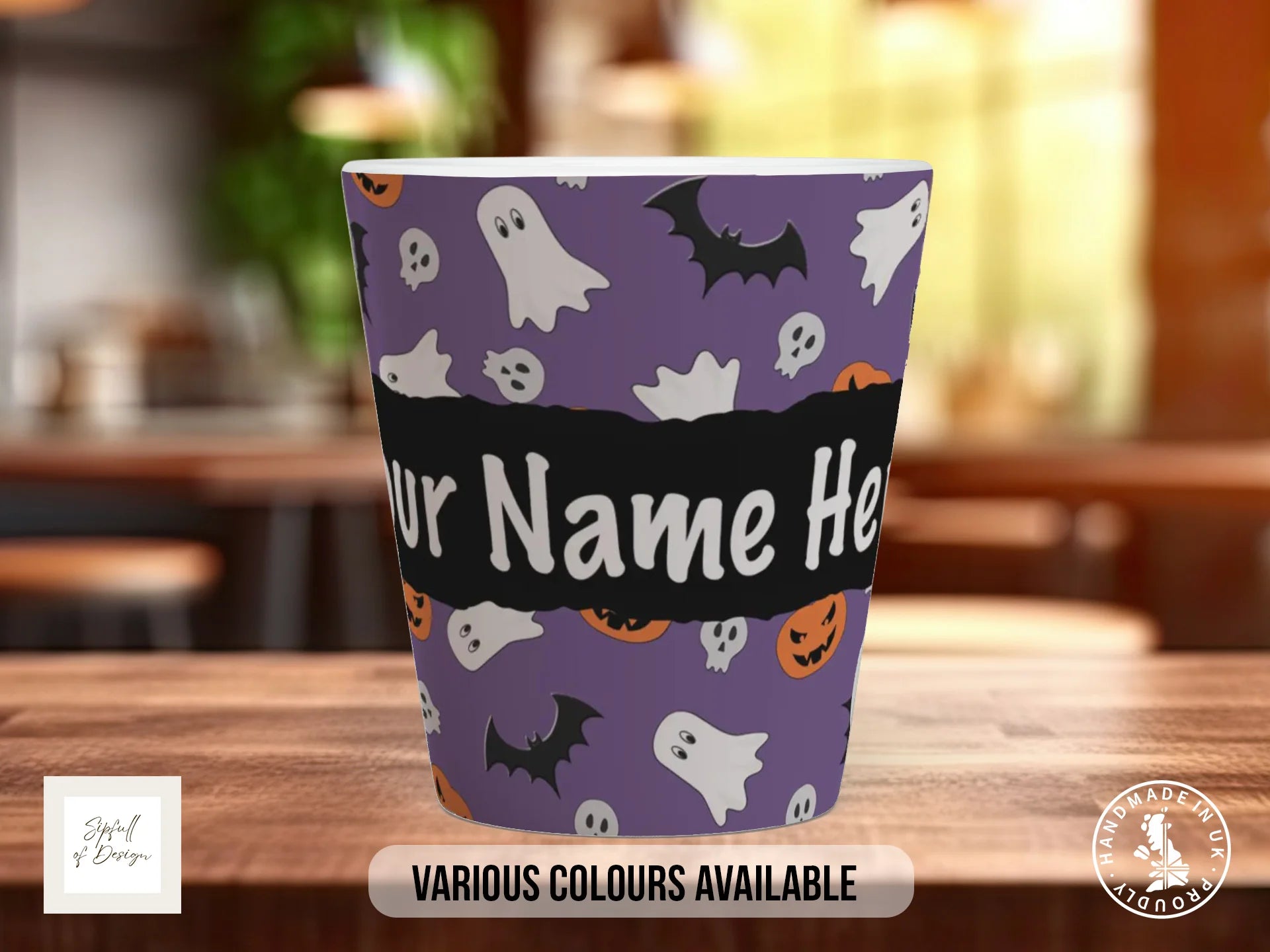 Personalised Halloween Mug | Ghost, Bat & Pumpkin Name Gift 12oz Latte
