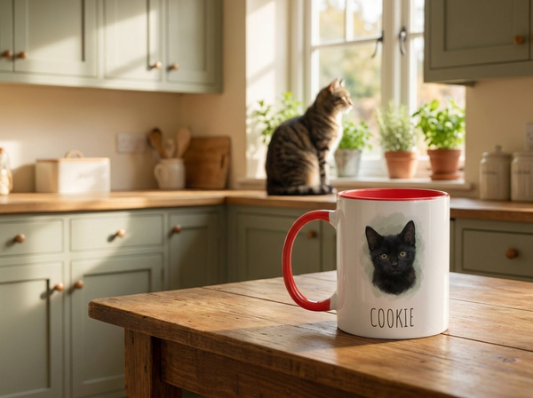 Personalised Purrtrait mug with a black cat portrait on a kitchen table, tabby cat on the windowsill behind