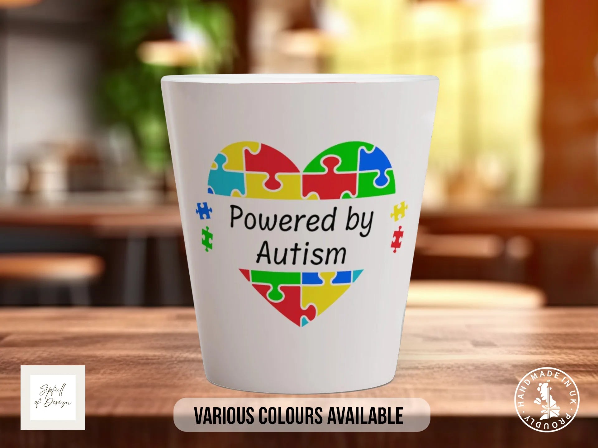 Powered By Autism Mug | Autism Awareness Puzzle Heart Design 12oz Latte