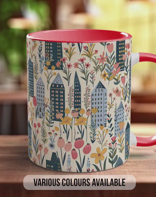 Cityscape Wildflower Pattern Full Wrap Coloured Art Mug - Design 13