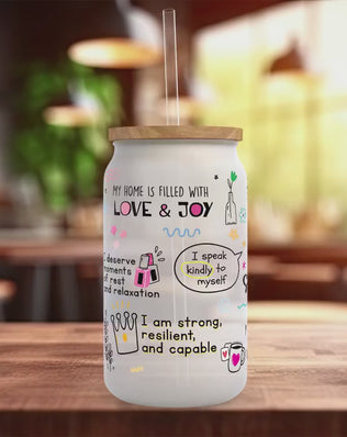 Mum's Self Love Mug Frosted Glass Can - a bamboo cup of positivity with lid and straw!