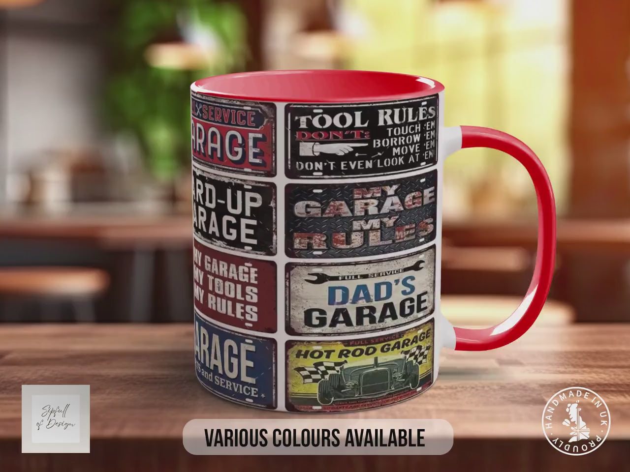Hot Rod Dad’s Garage Mug – Vintage Mechanic Poster Collage – Retro Car Workshop Gift – My Garage My Rules Design – Various Colours