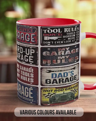 Hot Rod Dad’s Garage Mug – Vintage Mechanic Poster Collage – Retro Car Workshop Gift – My Garage My Rules Design – Various Colours