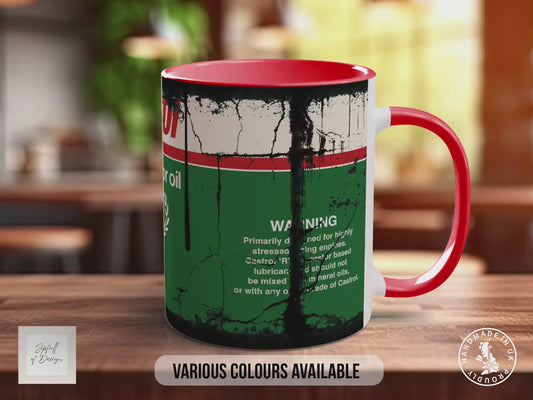 Castrol R Racing Motor Oil Mug – Retro Motorsport Gift for Car Lovers | Classic Castrol R40 Design | Handprinted in Sussex UK
