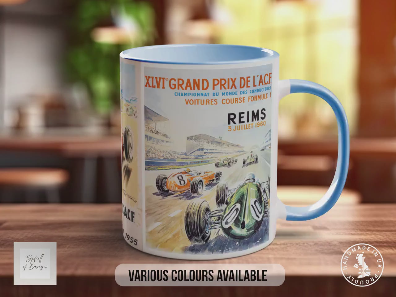 Grand Prix 1950s Vintage Mug – Classic Motorsport Poster Collage – Retro Formula 1 Racing Car Gift – Nürburgring & Reims – Various Colours