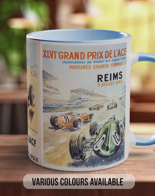 Grand Prix 1950s Vintage Mug – Classic Motorsport Poster Collage – Retro Formula 1 Racing Car Gift – Nürburgring & Reims – Various Colours