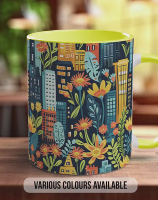 Cityscape Wildflower Pattern Full Wrap Coloured Art Mug - Design 3