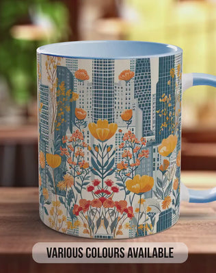 Cityscape Wildflower Pattern Full Wrap Coloured Art Mug - Design 11