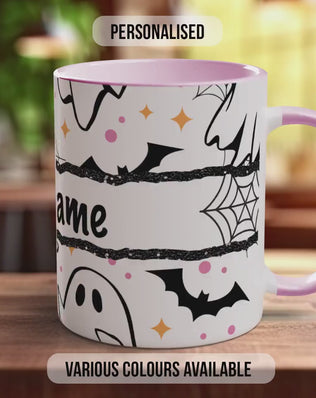 Personalised Ghost Halloween Mug – Custom Name Coffee Cup with Bats & Cobwebs – Spooky Autumn Gift