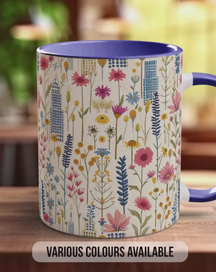 Cityscape Wildflower Pattern Full Wrap Coloured Art Mug - Design 5
