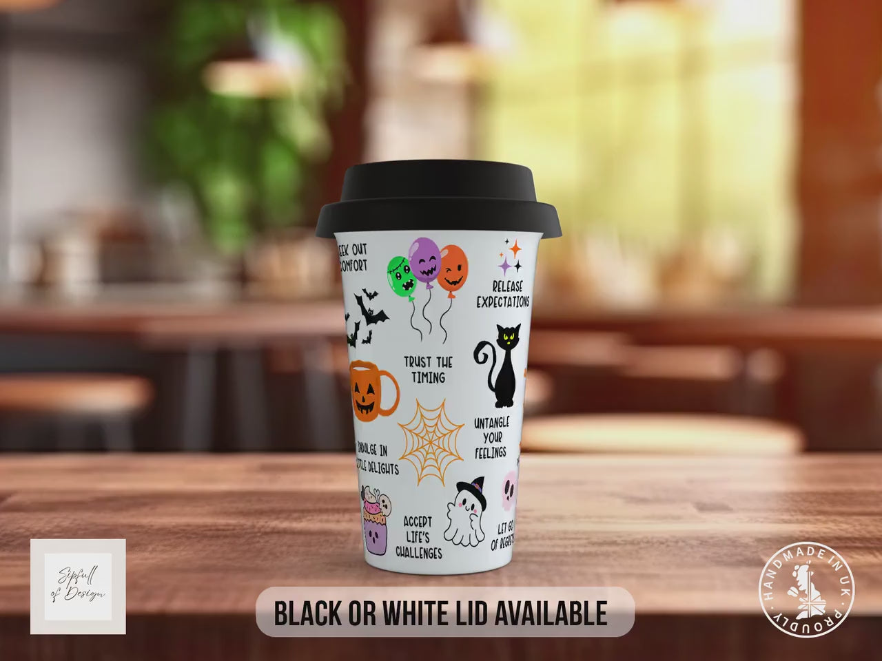 BOO-lieve in Yourself Halloween Travel Mug – Positive Self Care Coffee Cup – Autumn Gift with Black or White Lid
