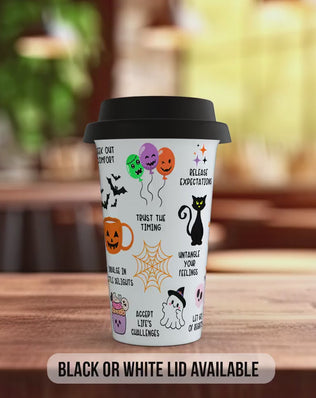 BOO-lieve in Yourself Halloween Travel Mug – Positive Self Care Coffee Cup – Autumn Gift with Black or White Lid