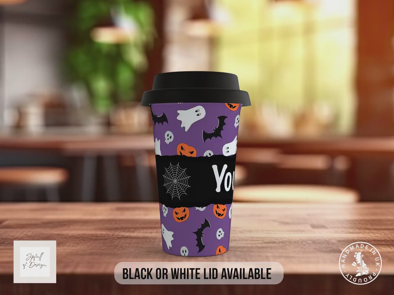 Personalised Halloween Travel Mug – Ghosts, Pumpkins & Bats Design – Custom Name Coffee Cup with Black or White Lid