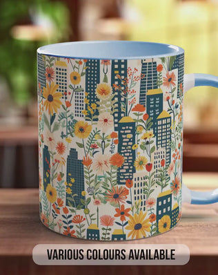 Cityscape Wildflower Pattern Full Wrap Coloured Art Mug - Design 9