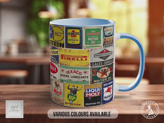 All Oils Vintage Mug – Retro Motor Oil & Garage Sign Collage – Classic Car Enthusiast Gift – Petrolhead Workshop Design – Various Colours