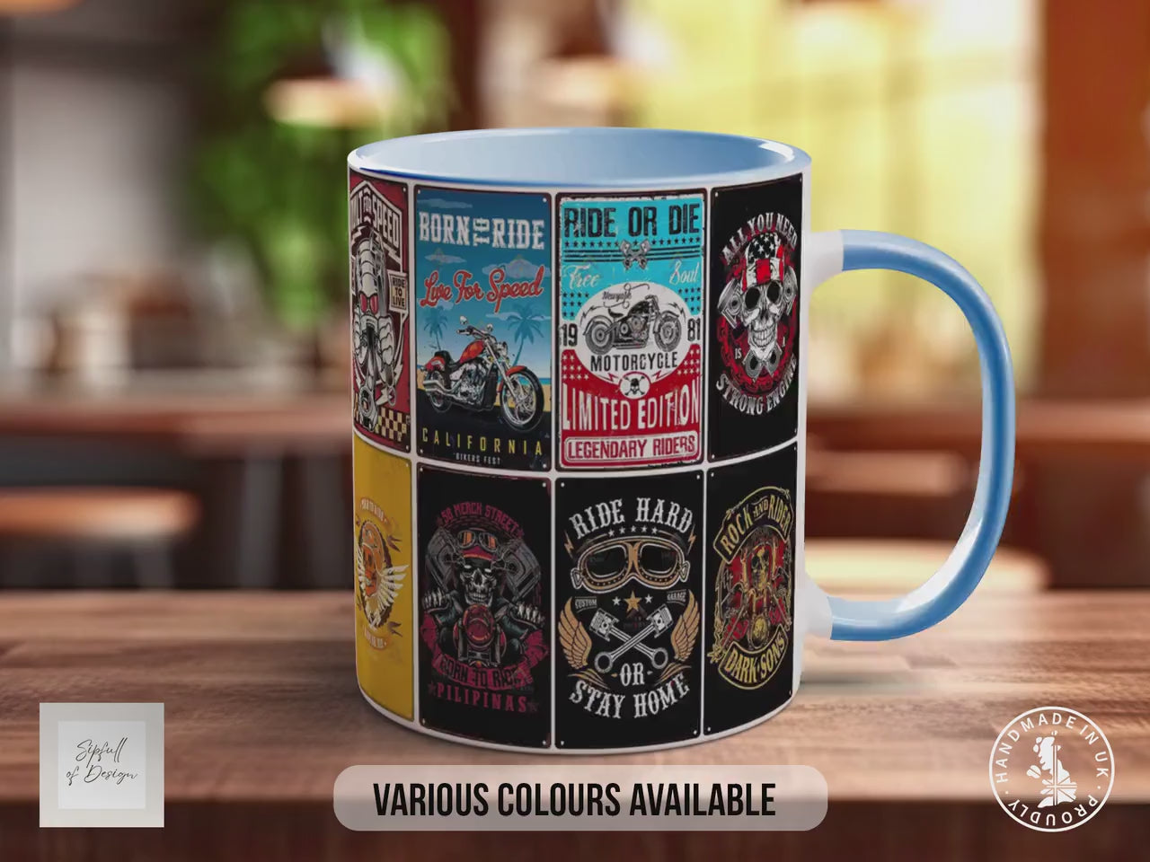 Built for Speed Motorcycle Mug – Retro Biker Poster Collage – Vintage Motorbike Gift – Rock & Roll Rider Design – Various Colours