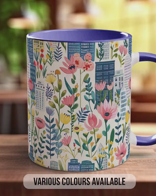 Cityscape Wildflower Pattern Full Wrap Coloured Art Mug - Design 1