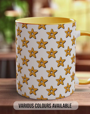 Gold on White Retro Stars Pattern Full Wrap Coloured Art Mug - Design 10