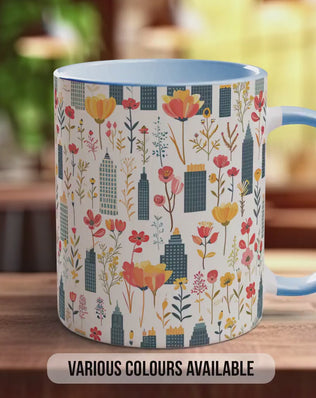 Cityscape Wildflower Pattern Full Wrap Coloured Art Mug - Design 4