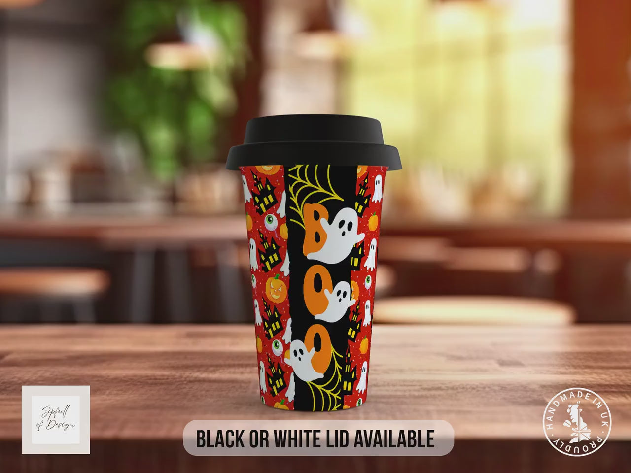 BOO Halloween Travel Mug – Ghosts, Pumpkins & Haunted House Design – Spooky Reusable Coffee Cup with Black or White Lid