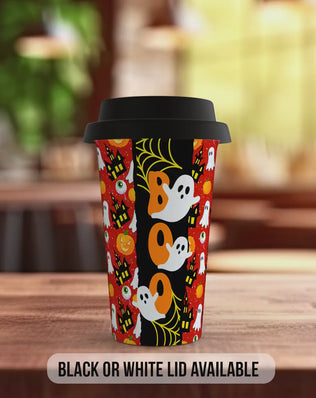 BOO Halloween Travel Mug – Ghosts, Pumpkins & Haunted House Design – Spooky Reusable Coffee Cup with Black or White Lid