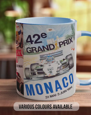 Monaco Grand Prix Vintage Mug – 1970s & 1980s Motorsport Poster Collage – Classic F1 Racing Car Gift – Various Colours Available