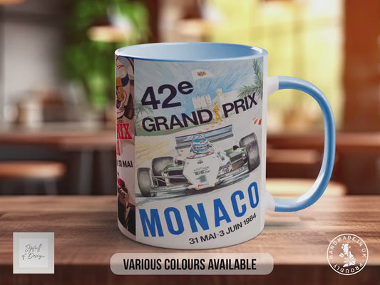 Monaco Grand Prix Vintage Mug – 1970s & 1980s Motorsport Poster Collage – Classic F1 Racing Car Gift – Various Colours Available