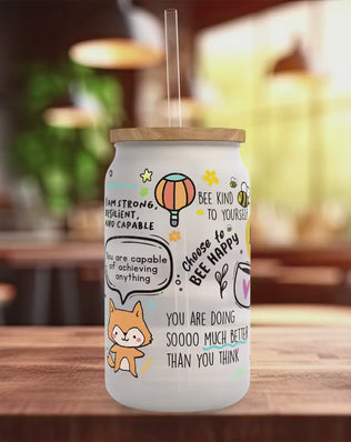 Motivational Frosted Glass Mug – Bamboo Tumbler with Lid & Straw | Positivity Gift