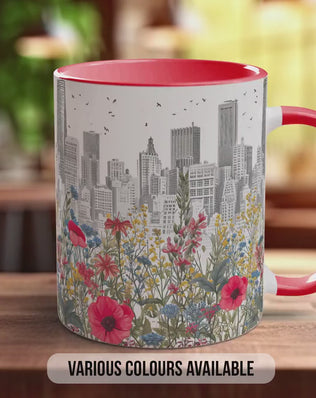 Cityscape Wildflower Pattern Full Wrap Coloured Art Mug - Design 2