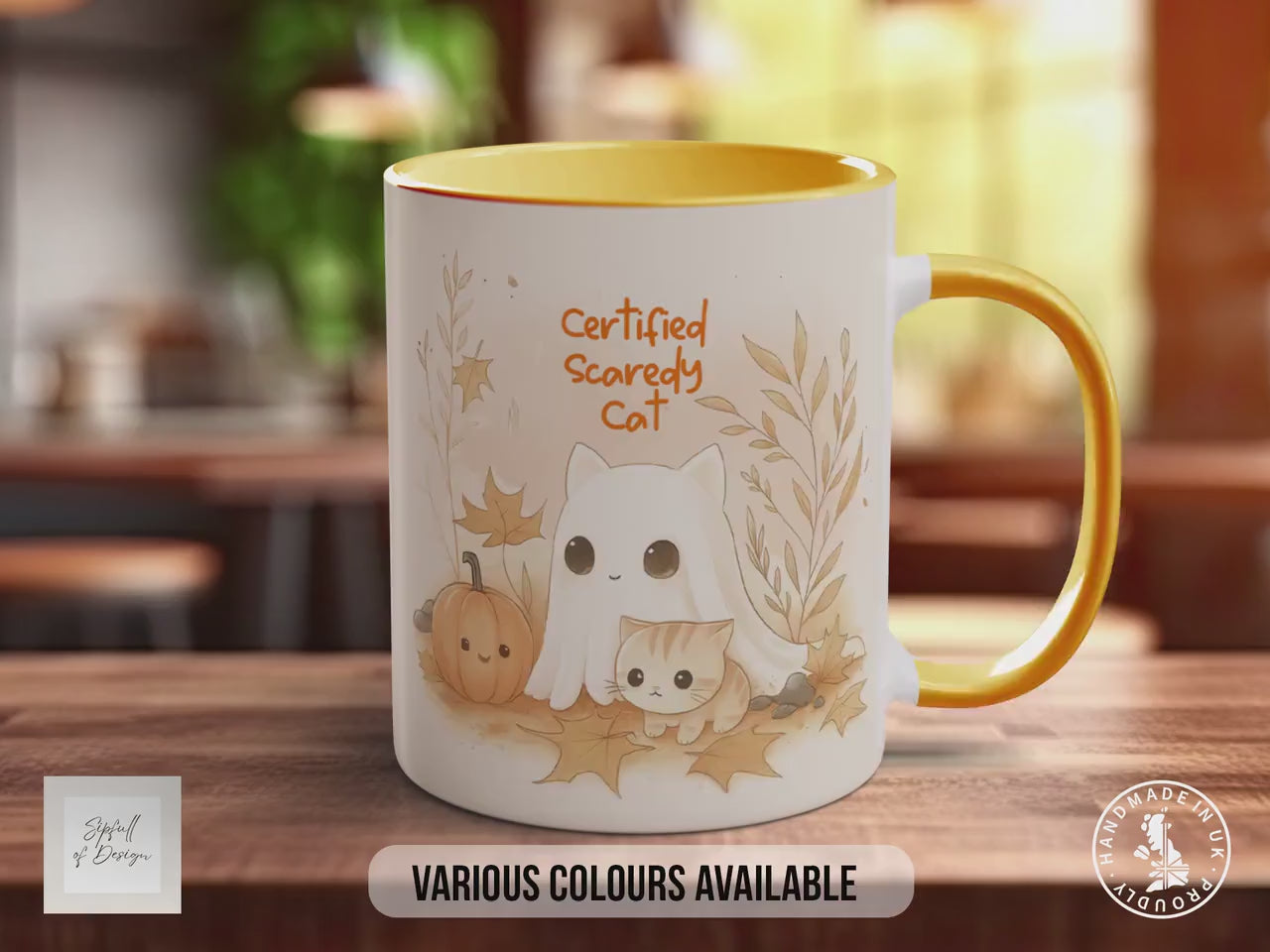 Too Cute to Spook Halloween Mug – Certified Scaredy Cat Ghost & Cat Coffee Cup