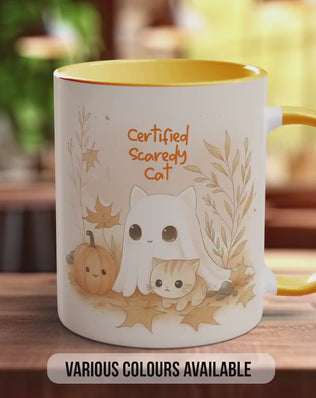 Too Cute to Spook Halloween Mug – Certified Scaredy Cat Ghost & Cat Coffee Cup