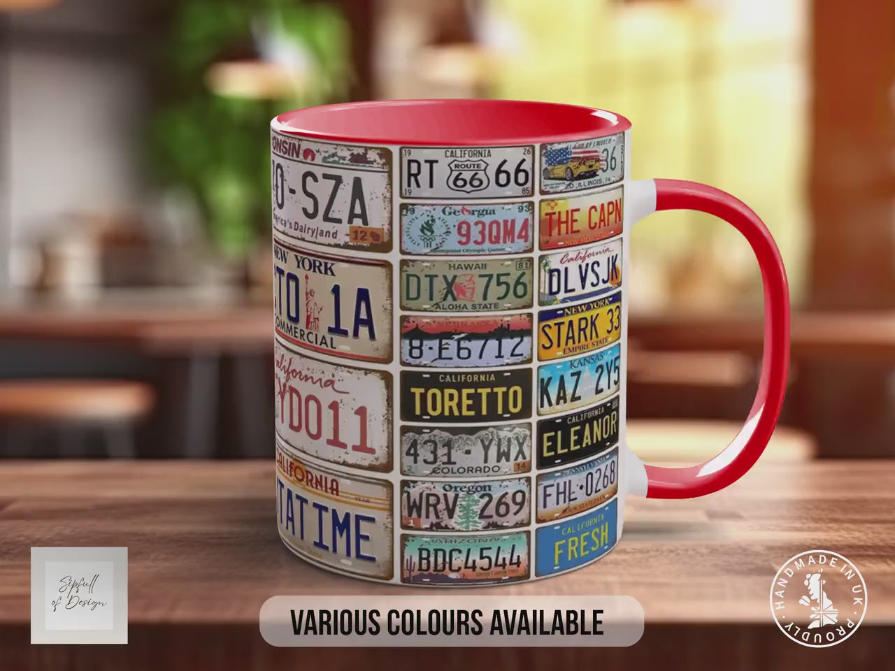 Vintage Car Plates Mug – Retro Licence Plate Collage – Classic Car Enthusiast Gift – Movie & Route 66 Designs – Various Colours Available