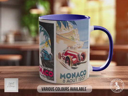 Monaco Grand Prix 1930s Vintage Mug – Classic Motorsport Poster Collage – Retro Racing Car Gift – Historic Formula 1 – Various Colours