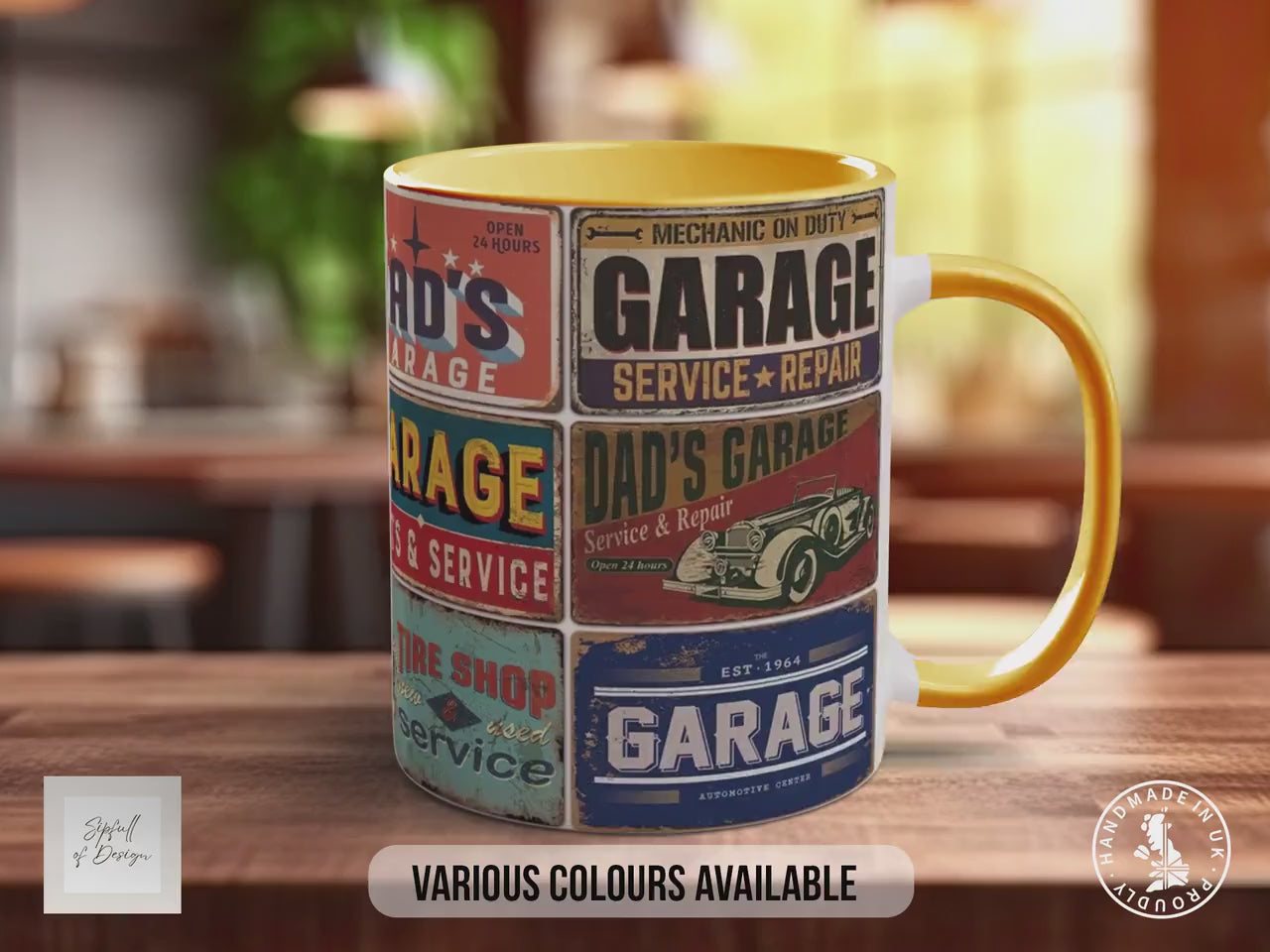 Dad’s Garage Mechanic Mug – Vintage Auto Repair Poster Collage – Retro Car Workshop Gift – Classic Motor Garage Design – Various Colours