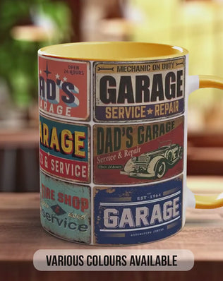 Dad’s Garage Mechanic Mug – Vintage Auto Repair Poster Collage – Retro Car Workshop Gift – Classic Motor Garage Design – Various Colours