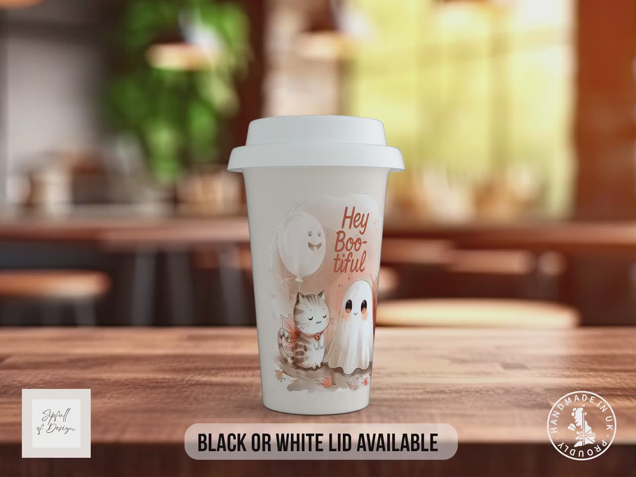 Hey Boo-tiful Halloween Travel Mug – Cute Ghost & Cat Coffee Cup with Black or White Lid – Autumn Gift