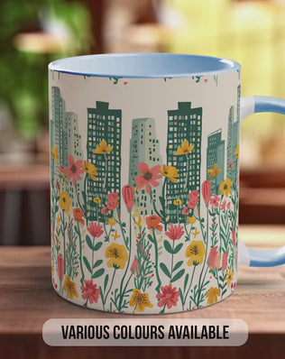 Cityscape Wildflower Pattern Full Wrap Coloured Art Mug - Design 15