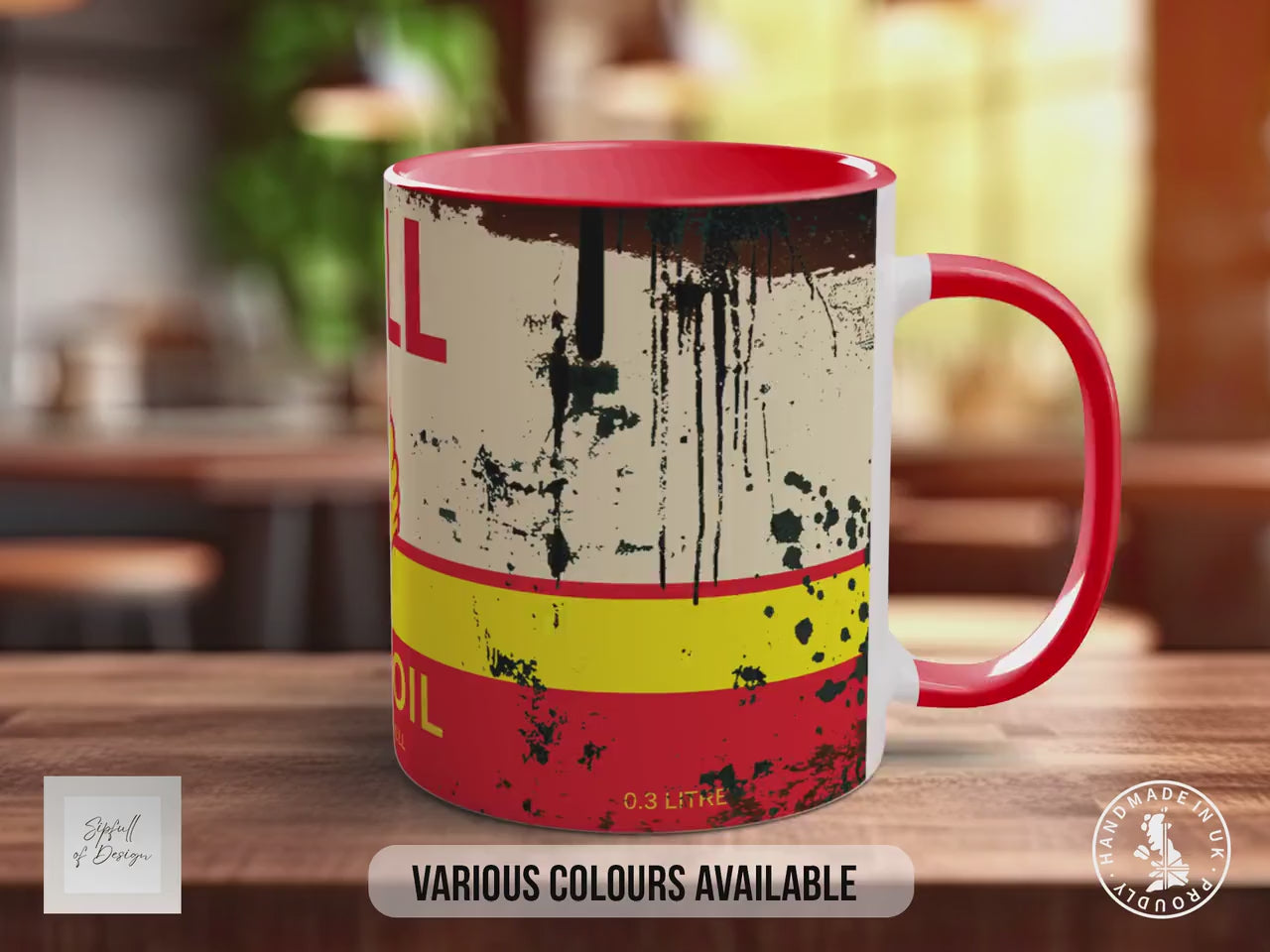 Shell Motor Oil Mug – Vintage Petrol Can Design – Retro Garage & Workshop Gift – Classic Car Enthusiast Mug – Various Colours Available