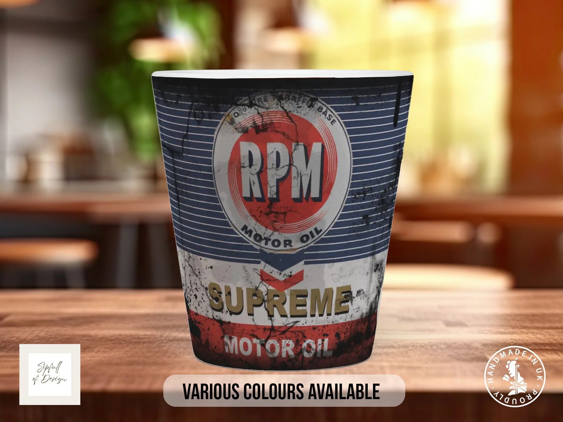 RPM Motor Oil Mug | Vintage Americana Garage Gift for Petrolheads 12oz Latte