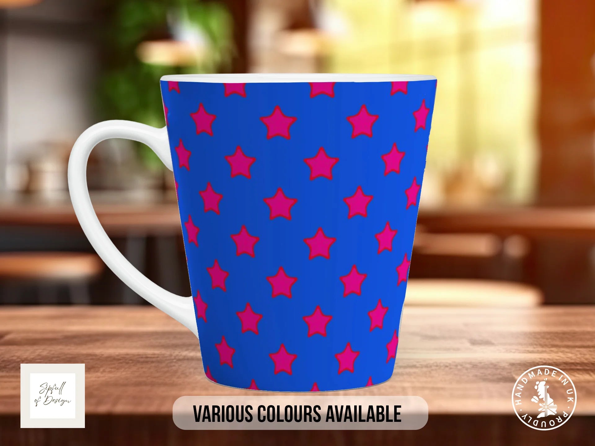 Stars Full Wrap Mug – Design 18 | Hot Pink Stars on Royal Blue | Pop Art Mug 12oz Latte