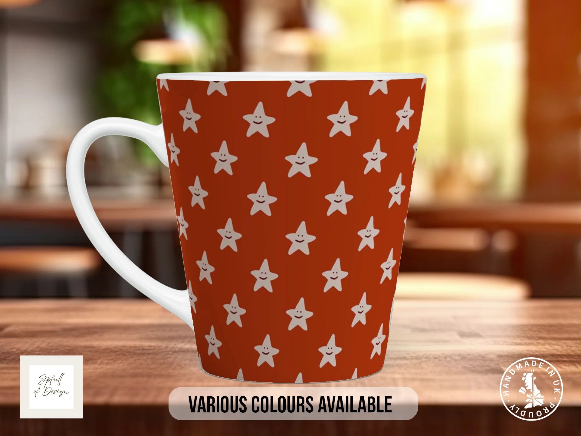Smiley Stars Full Wrap Mug – Design 2 | Cream Happy Stars on Terracotta | Art Mug 12oz Latte