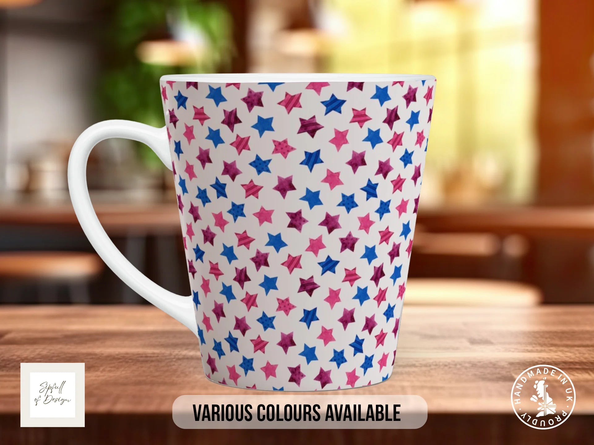 Stars Full Wrap Mug – Design 1 | Pink & Blue Confetti Star Party | Art Mug 12oz Latte