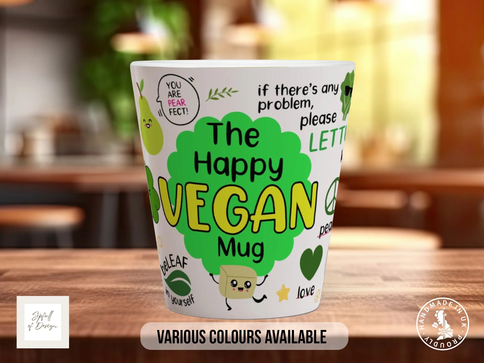 The Happy Vegan Coloured Mug - Motivational and Uplifting to help Mental Health 12oz Latte