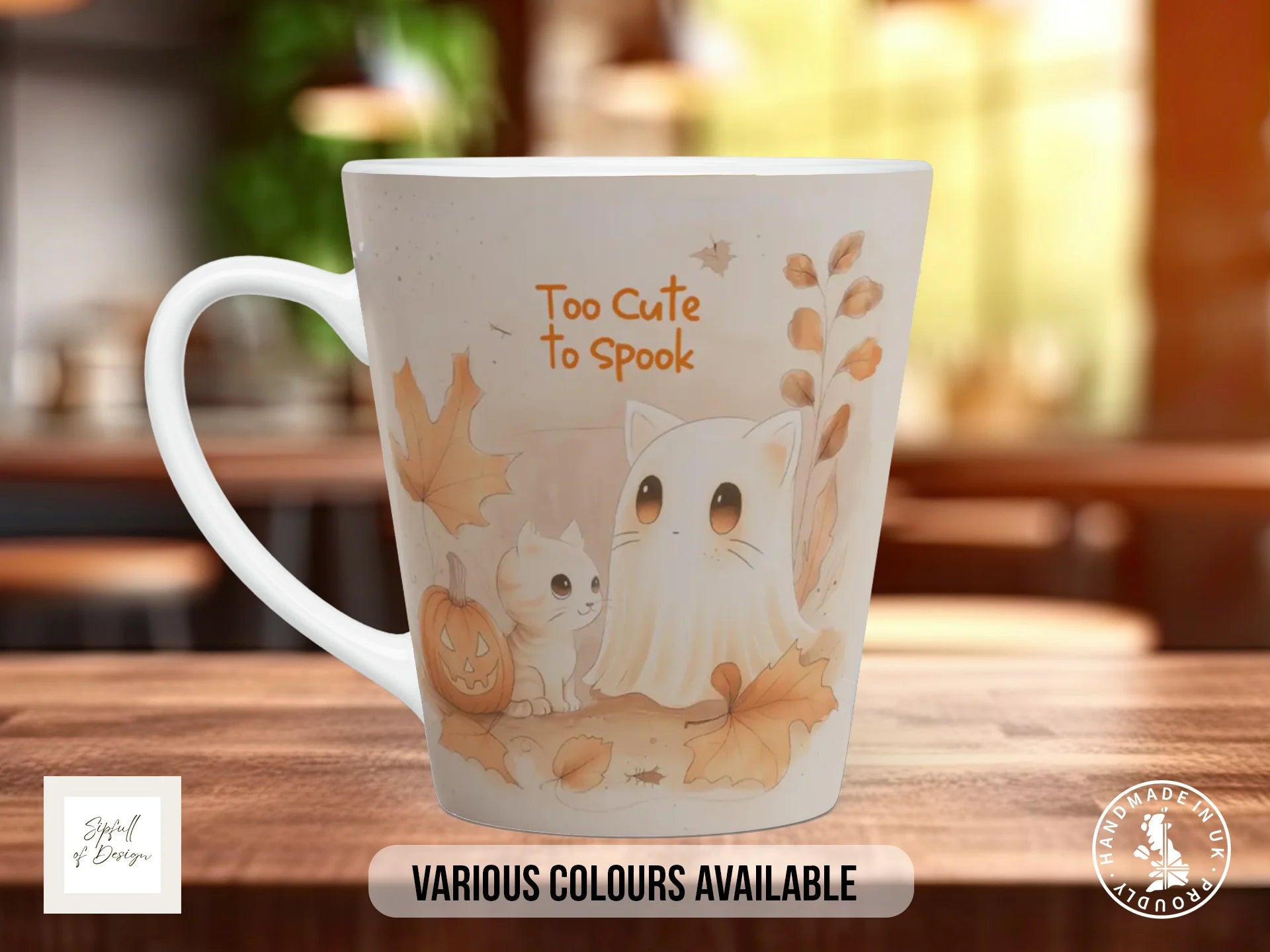 Too Cute to Spook Halloween Mug | Ghost Cat & Kitten Autumn Gift 12oz Latte