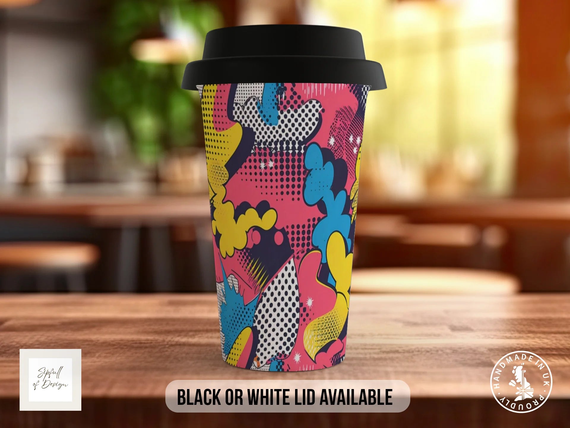 Comic Pop Full Wrap Mug – Design 6 | Lichtenstein Comic Clouds | Bold Art Mug Travel Mug