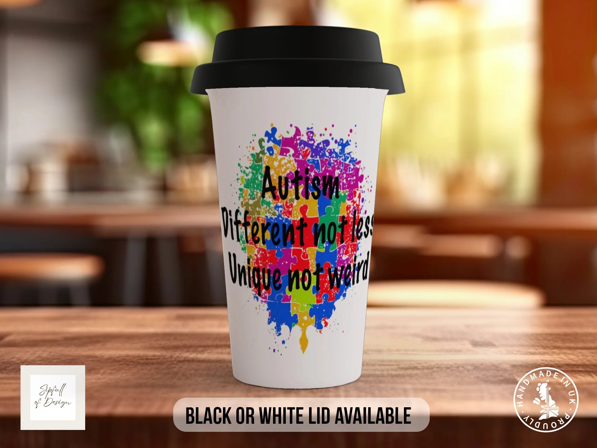 Autism Mug | Different Not Less, Unique Not Weird | Puzzle Heart Design Travel Mug